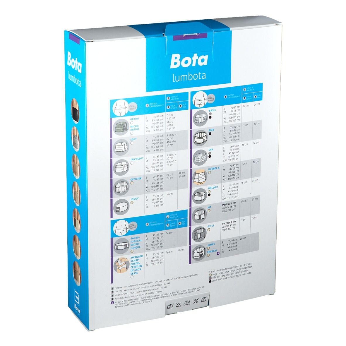 Dos de la boîte Bota Lumbota Dubx XL. Tableaux avec indications de taille et illustrations du produit. Logo.