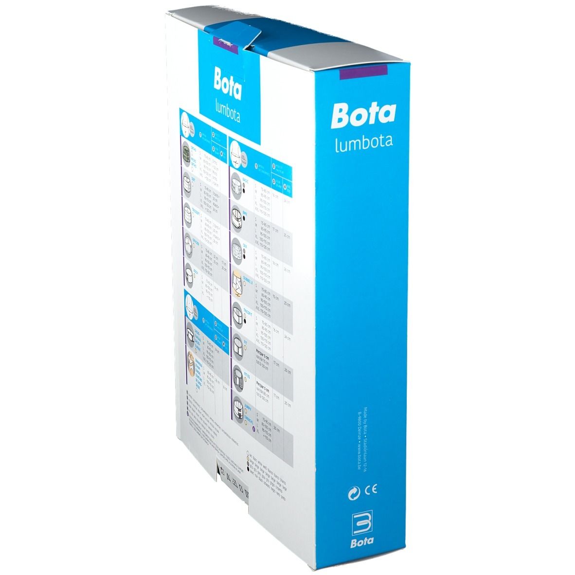 Boîte Bota Lumbota Dubx XL. Vue latérale avec illustrations du produit et indications de taille. Logo et nom du produit.