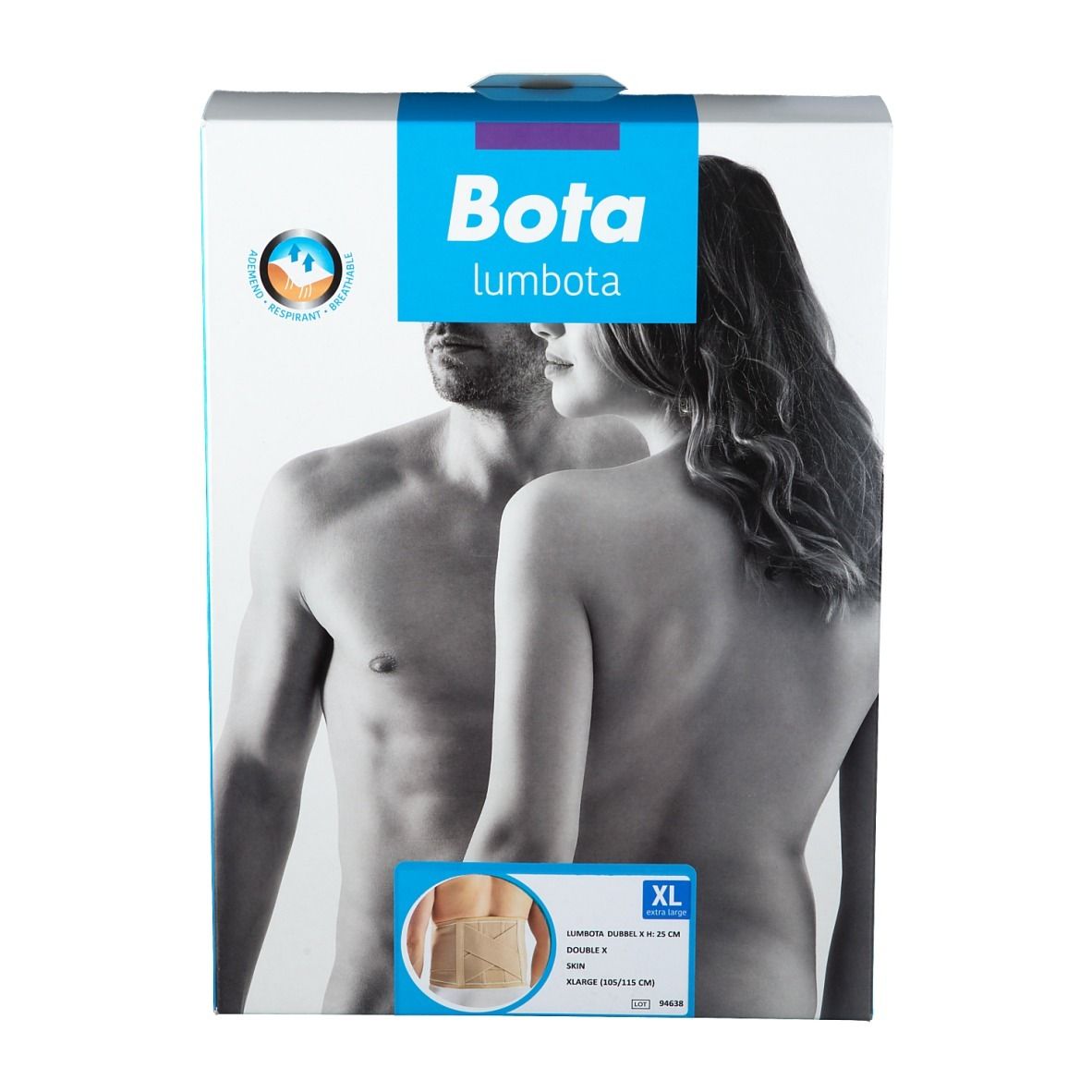 Face avant de la boîte Bota Lumbota Dubx XL. Image du produit, taille XL et logo. Illustration d'un couple.