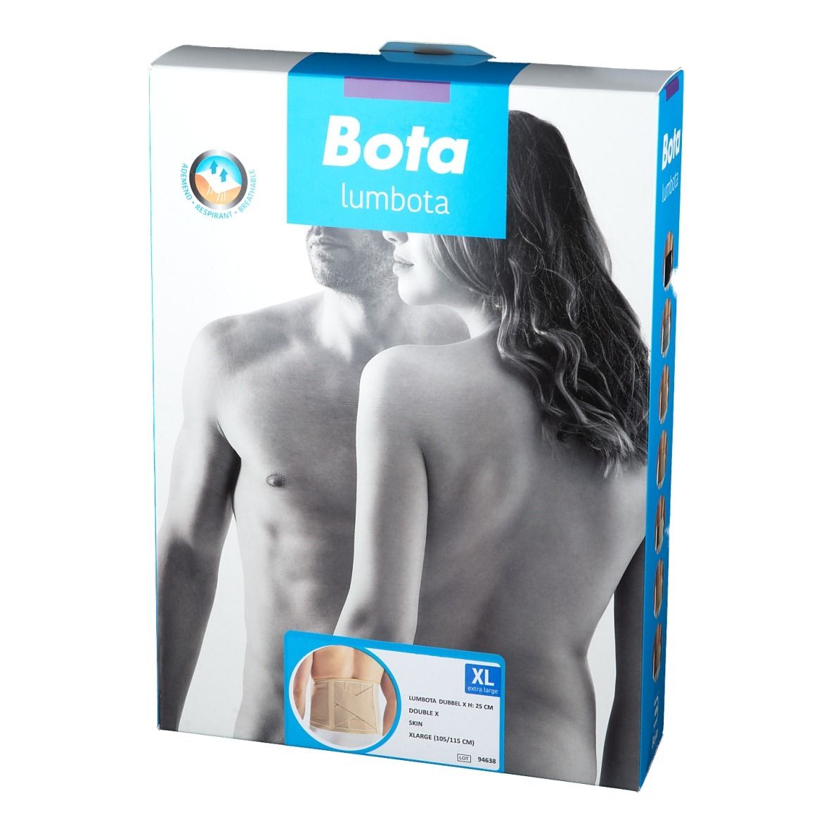 Face avant de la boîte Bota Lumbota Dubx XL. Image du produit, taille XL et logo. Illustration d'un couple.