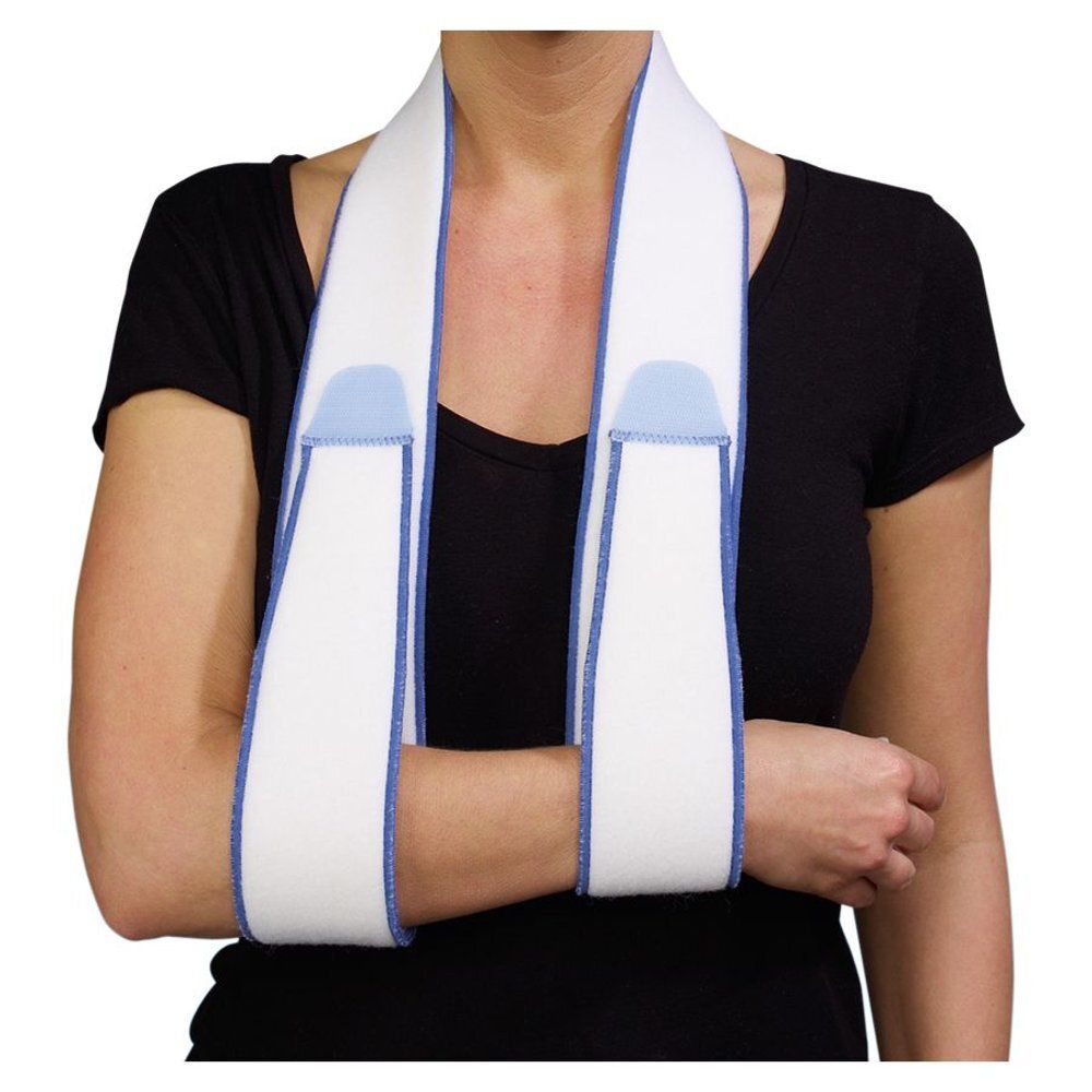 Bande Bota Looping. Bande blanche avec accents bleus, fixée sur le bras d'une personne.
