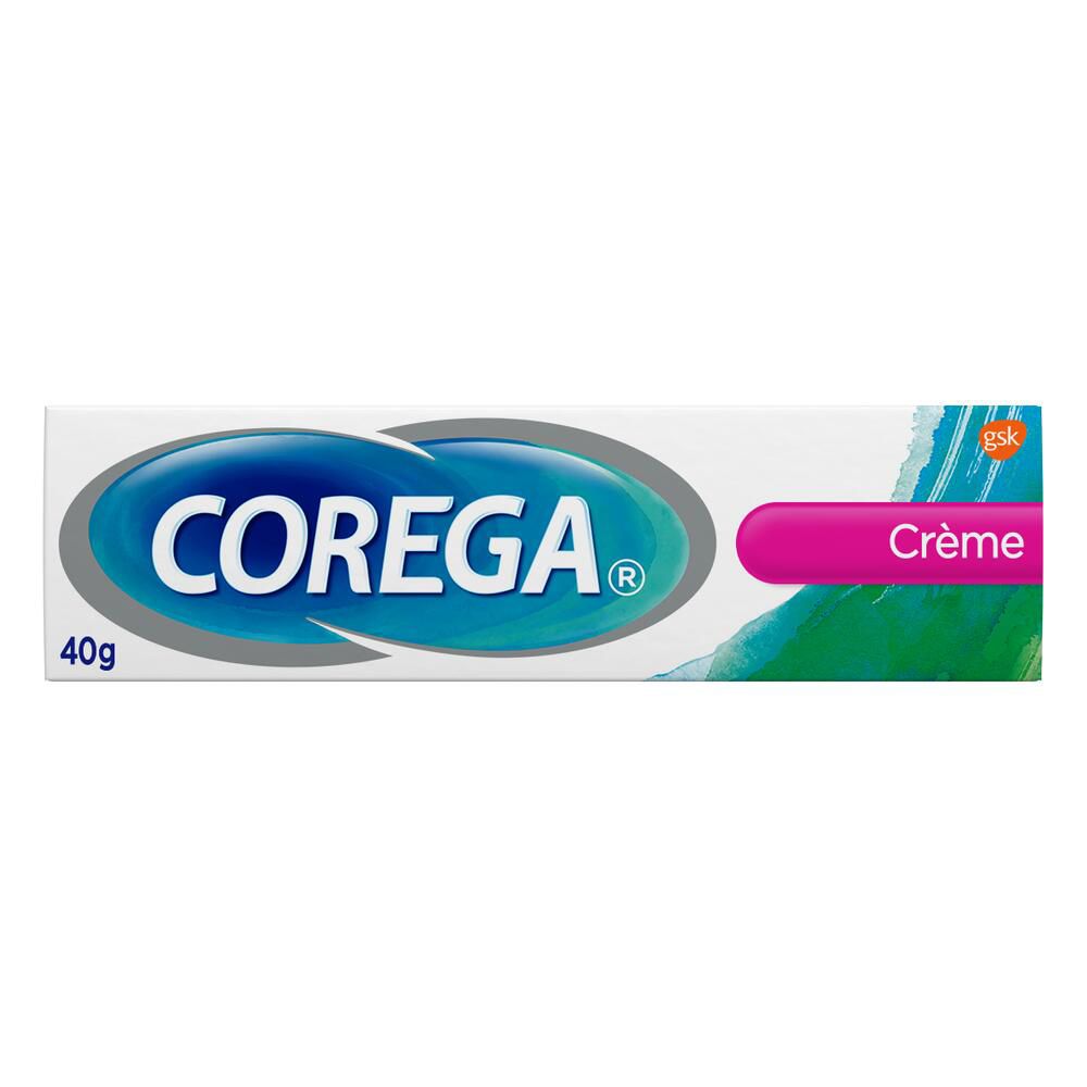 Tube de crème Corega. Blanc, bleu, rose. 40g. Marque et nom du produit visibles.