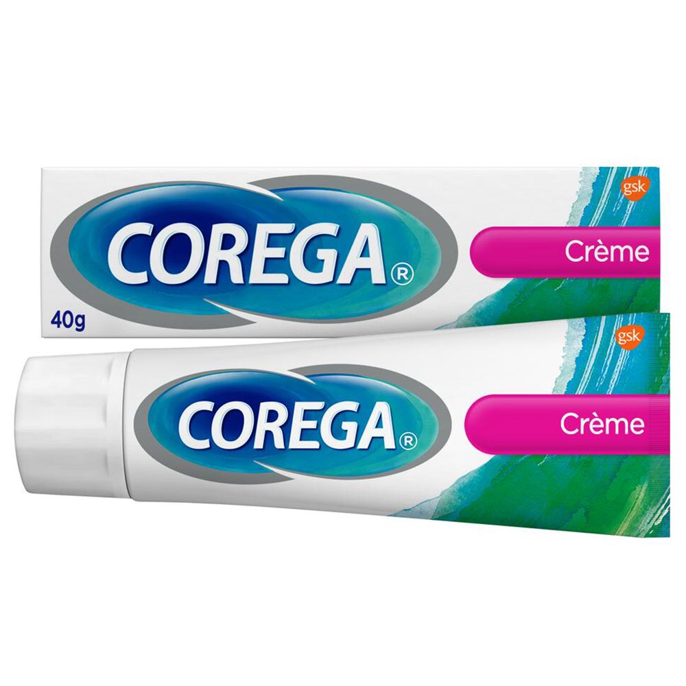 Deux tubes de crème Corega. Blanc, bleu, rose. 40g. Marque et nom du produit visibles.
