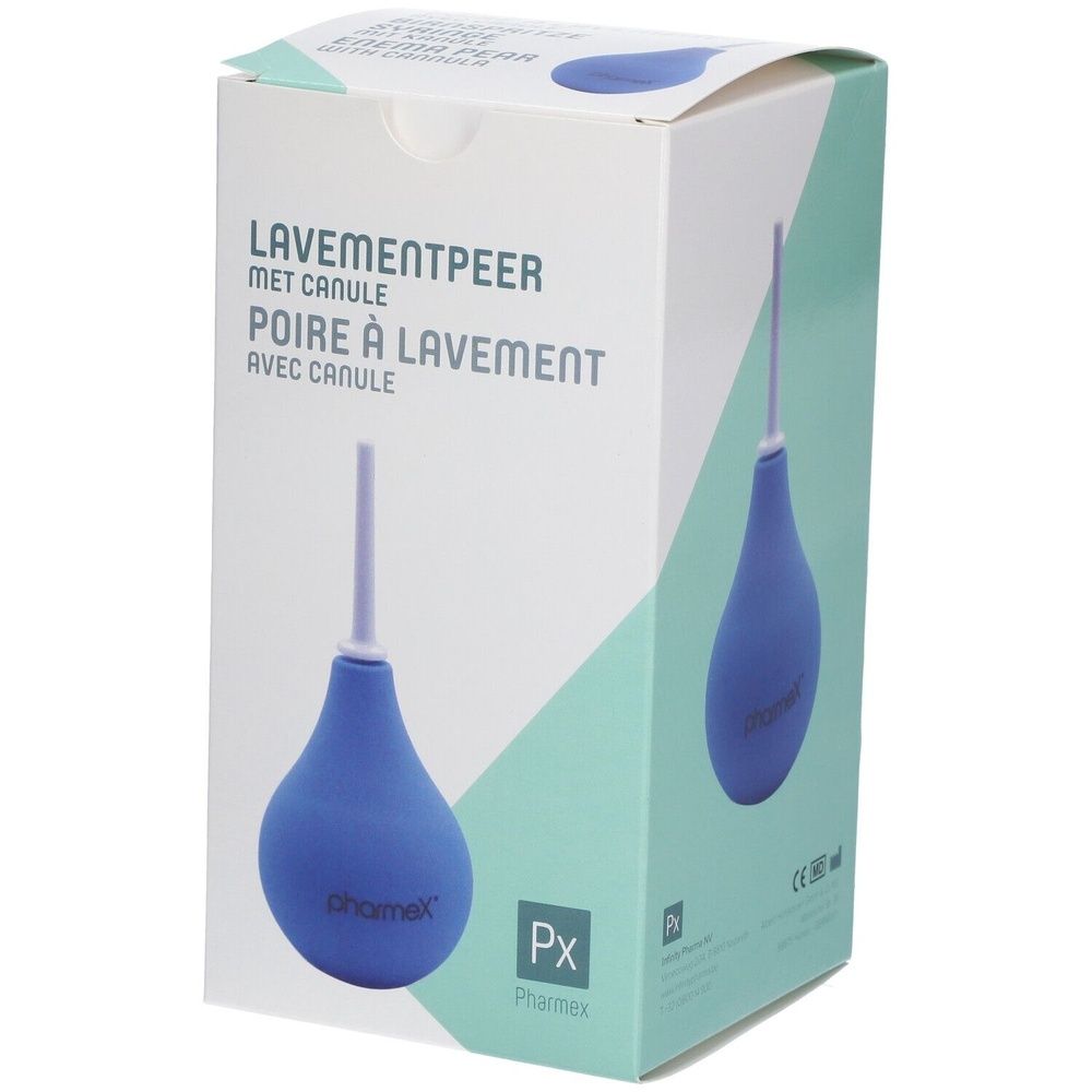 Emballage d'une poire à lavement bleue avec canule. Étiquetage en néerlandais et en français.