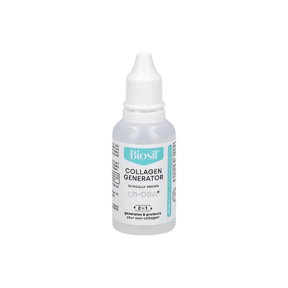 Flacon de gouttes BioSil. Inscription : BioSil, Collagen Generator, ch-OSA. 2-en-1.