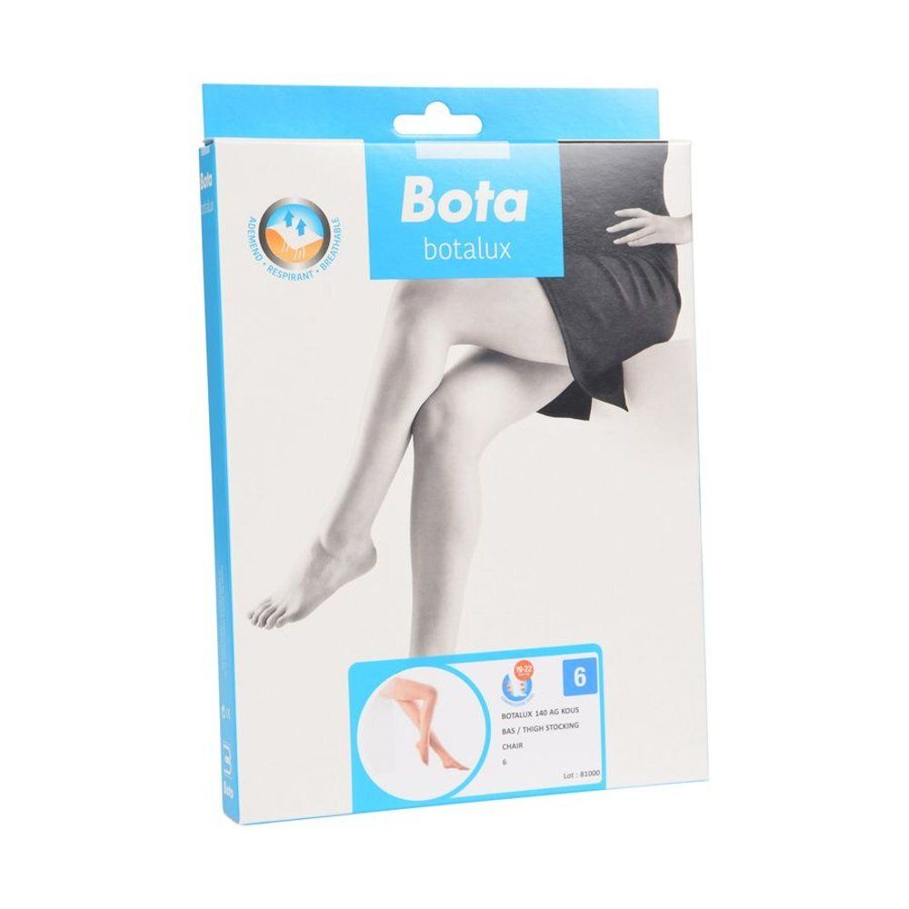 Bas de maintien Botalux 140 couleur chair. Bas cuisse. Beige. Vue latérale des jambes d'une personne.