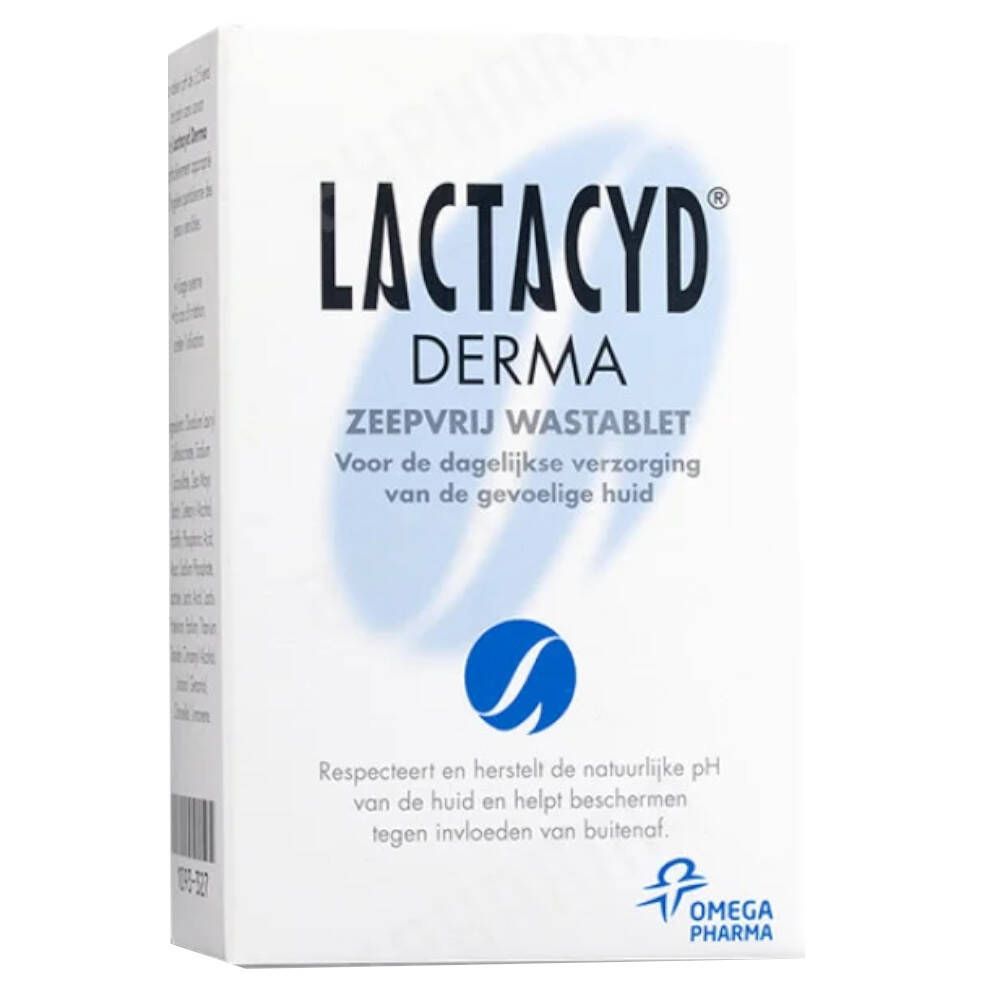 Emballage blanc avec logo bleu et texte LACTACYD DERMA. Texte en néerlandais.
