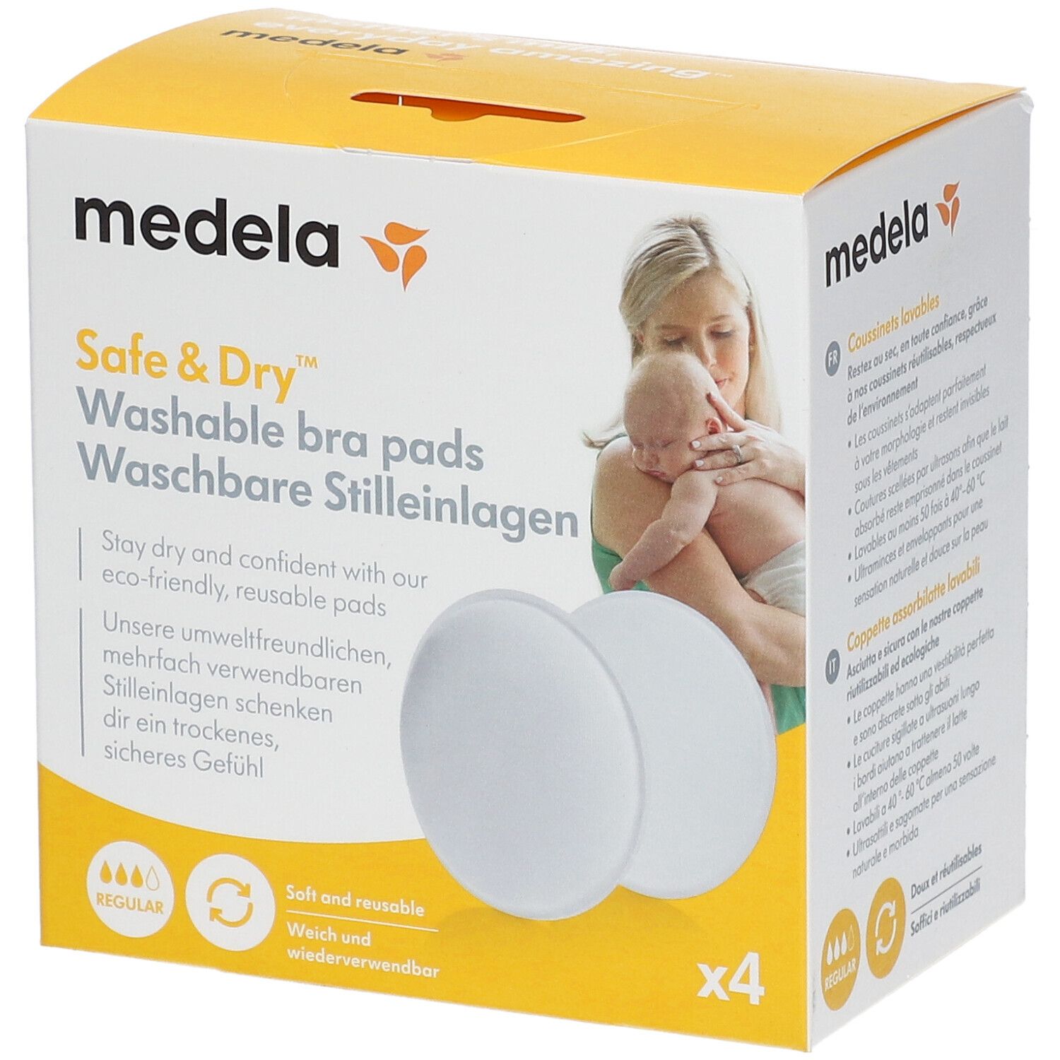Medela Safe & Dry coussinets d'allaitement lavables, lot de 4. Blancs, ronds, doux et réutilisables.