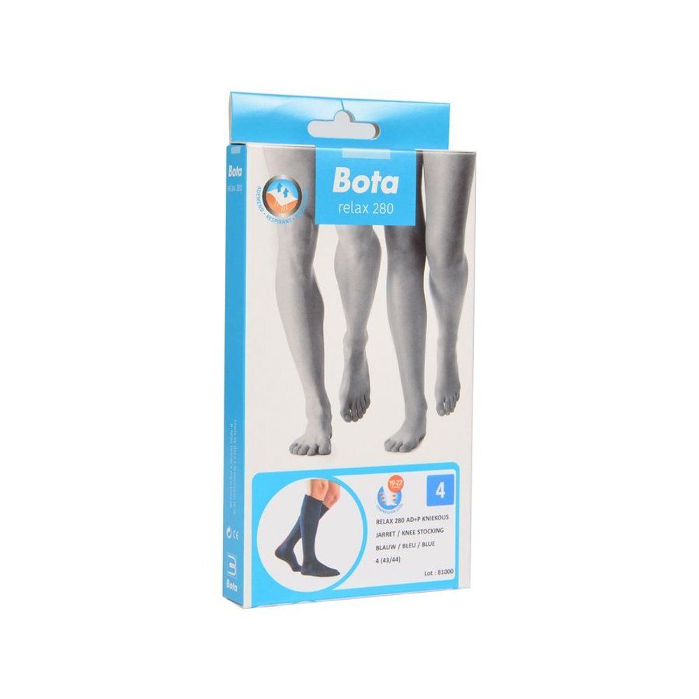 Emballage de bas Bota Relax 280. Impression avec image du produit, nom du produit, indication de taille et logo.