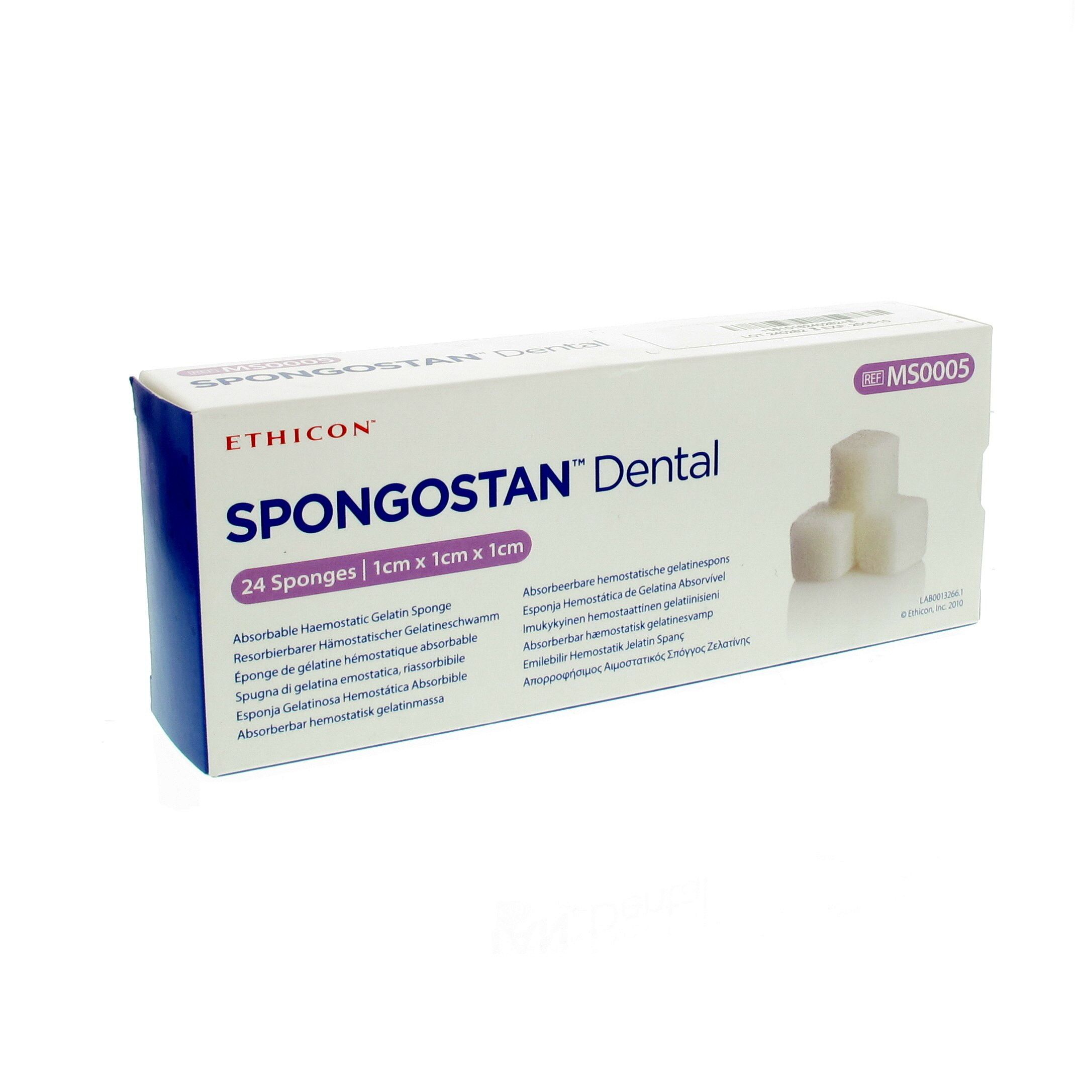 Boîte de Ethicon Spongostan Dental. Contient 24 éponges de 1x1x1 cm. Nom du produit et marque visibles.