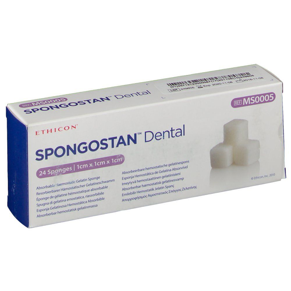 Boîte de Ethicon Spongostan Dental. Contient 24 éponges de 1x1x1 cm. Nom du produit et marque visibles.