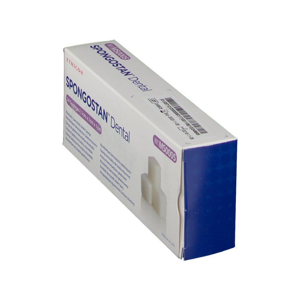 Boîte Ethicon Spongostan Dental en biais. Nom et marque visibles. Contient 24 éponges.