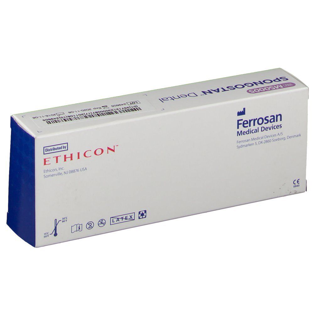 Boîte de Ferrosan Medical Devices. Contient des produits Ethicon. Nom et marque visibles. Accents bleus.