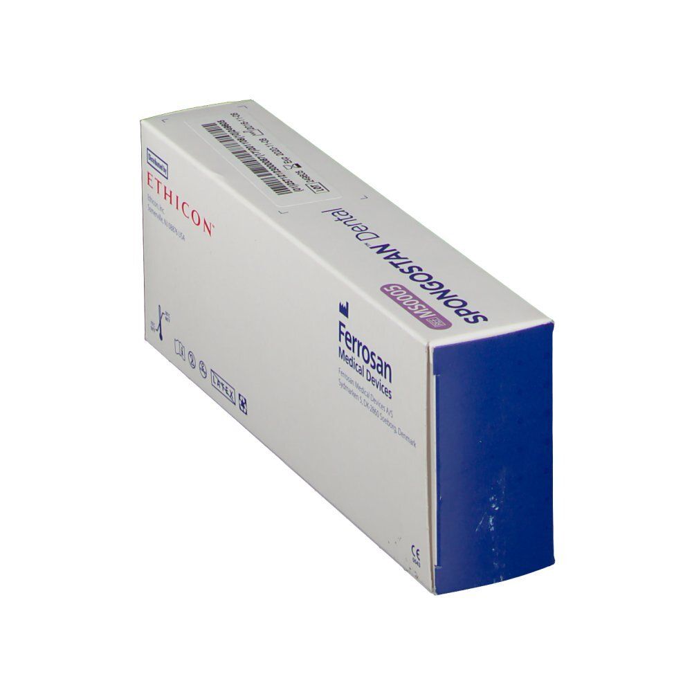 Boîte Ferrosan Medical Devices en biais. Contient des produits Ethicon. Accents bleus. Marque visible.