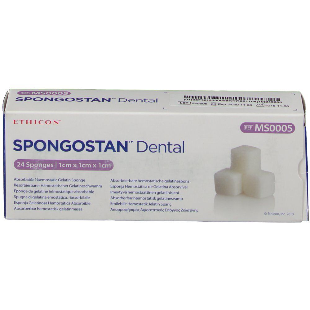 Boîte de Ethicon Spongostan Dental. Contient 24 éponges de 1x1x1 cm. Nom du produit et marque visibles.