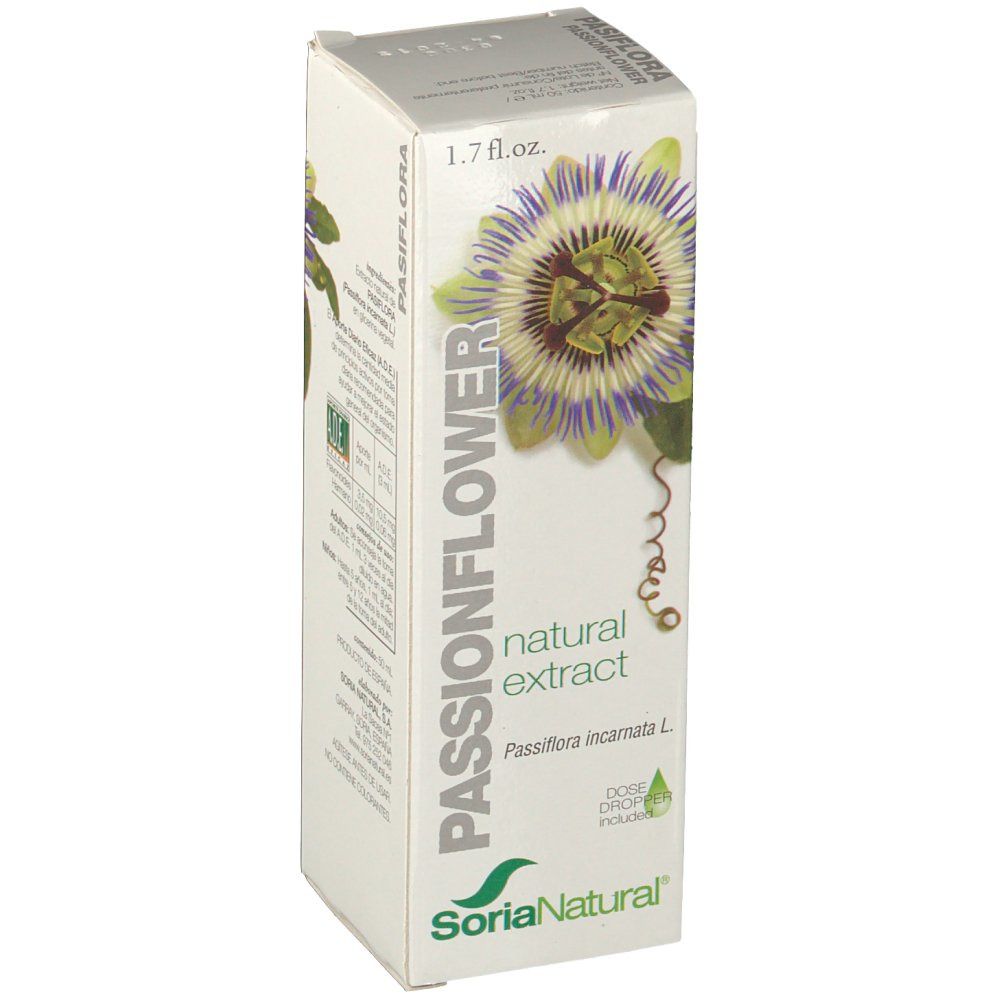 Boîte avec illustration et texte. Inscription: PASSIONFLOWER natural extract. Marque: Soria Natural. Compte-gouttes inclus.