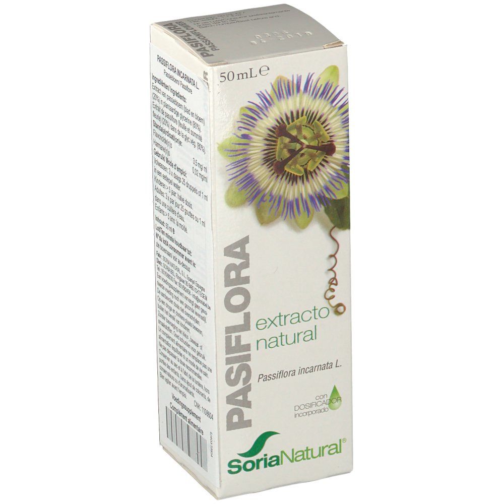 Boîte avec texte et illustration. Inscription: PASIFLORA extracto natural. Marque: Soria Natural. Compte-gouttes inclus.