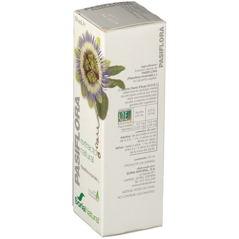 Boîte avec texte. Contient ingrédients, mode d'emploi et informations fabricant. Marque: Soria Natural. Certification ADE.