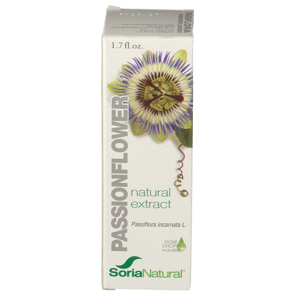 Boîte avec illustration et texte. Inscription: PASSIONFLOWER natural extract. Marque: Soria Natural. Compte-gouttes inclus.