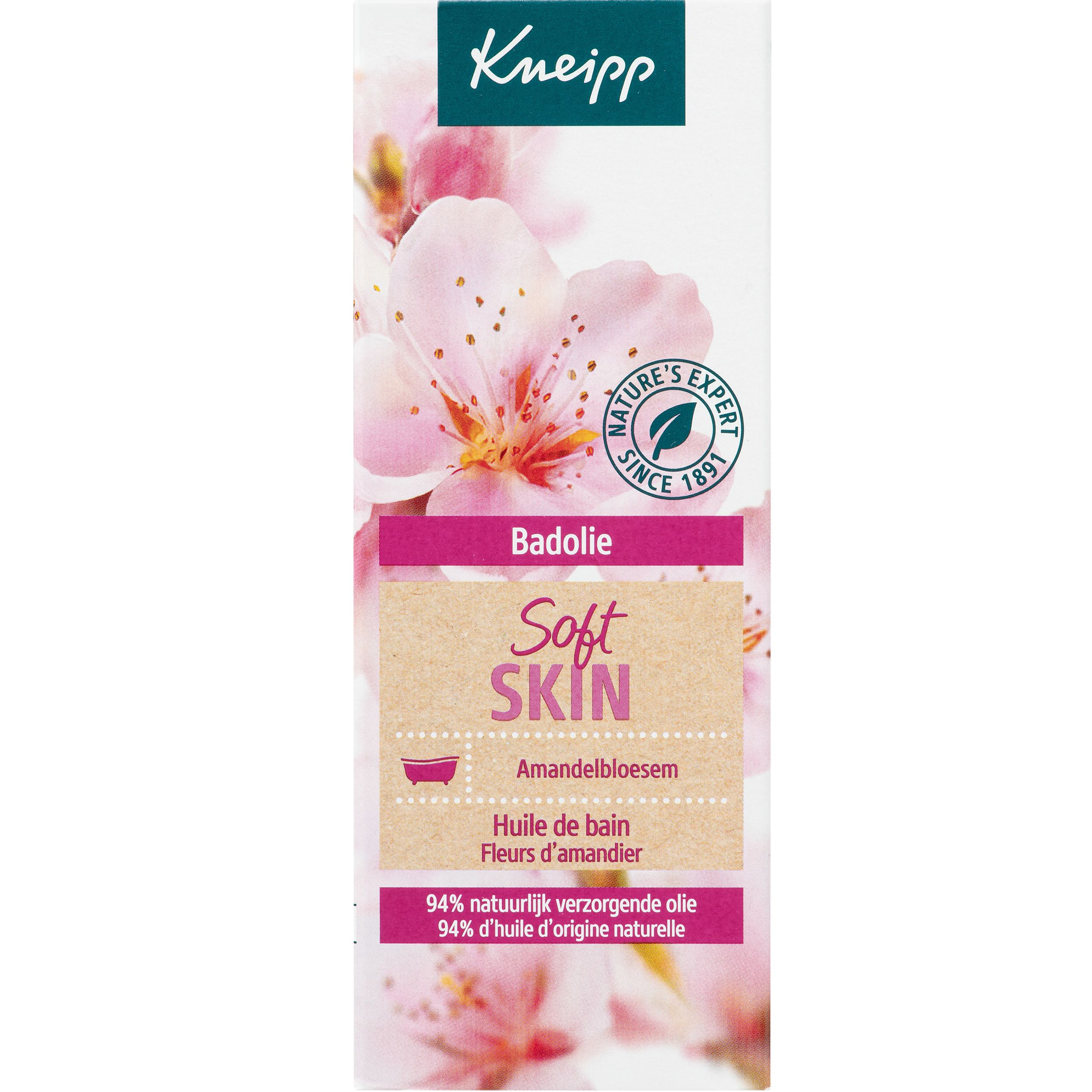 Flacon d'huile de bain Kneipp. Inscription : Soft Skin, Badolie, Fleurs d'amandier.