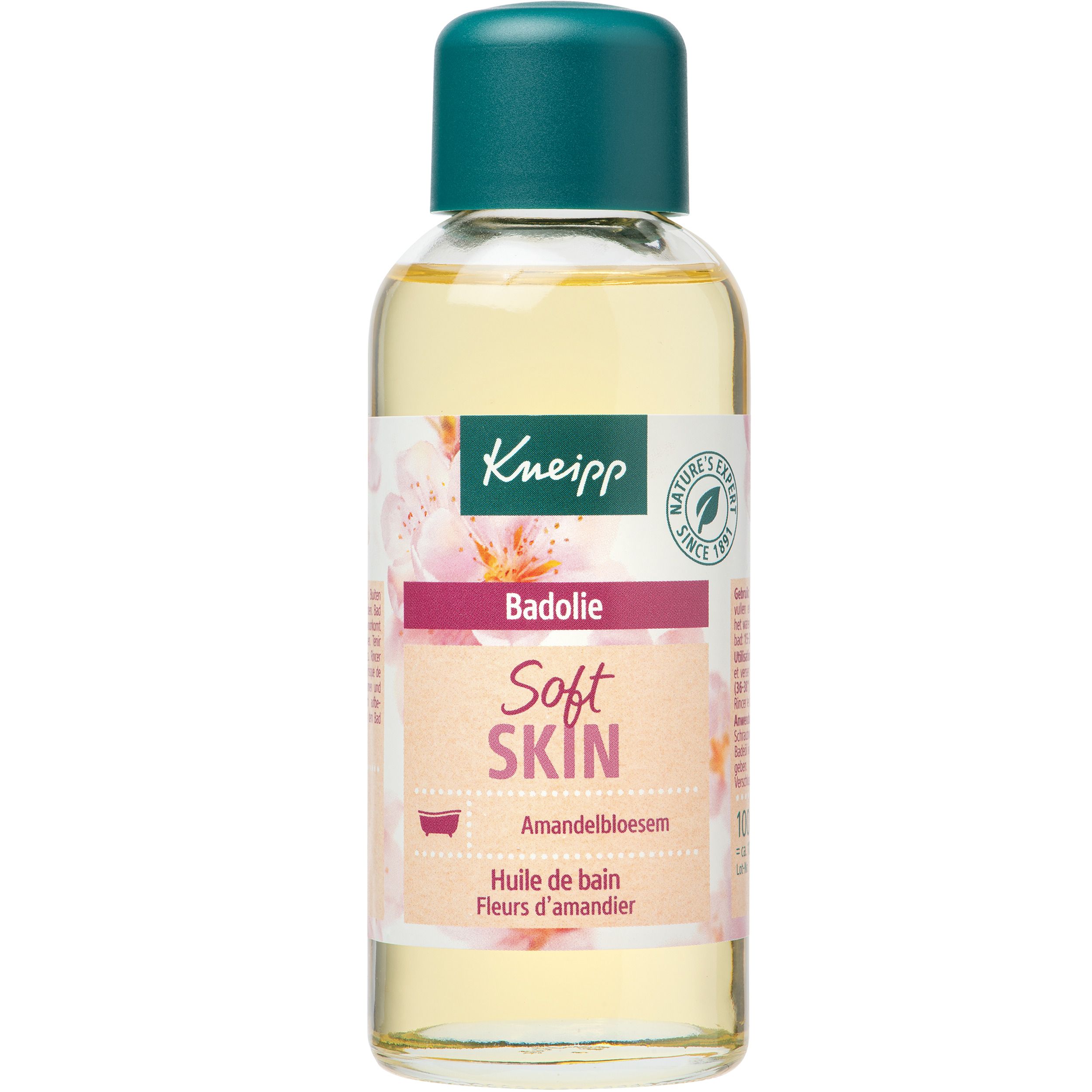 Dos du flacon d'huile de bain. Marque Kneipp. Texte et motif floral. Ingrédients.