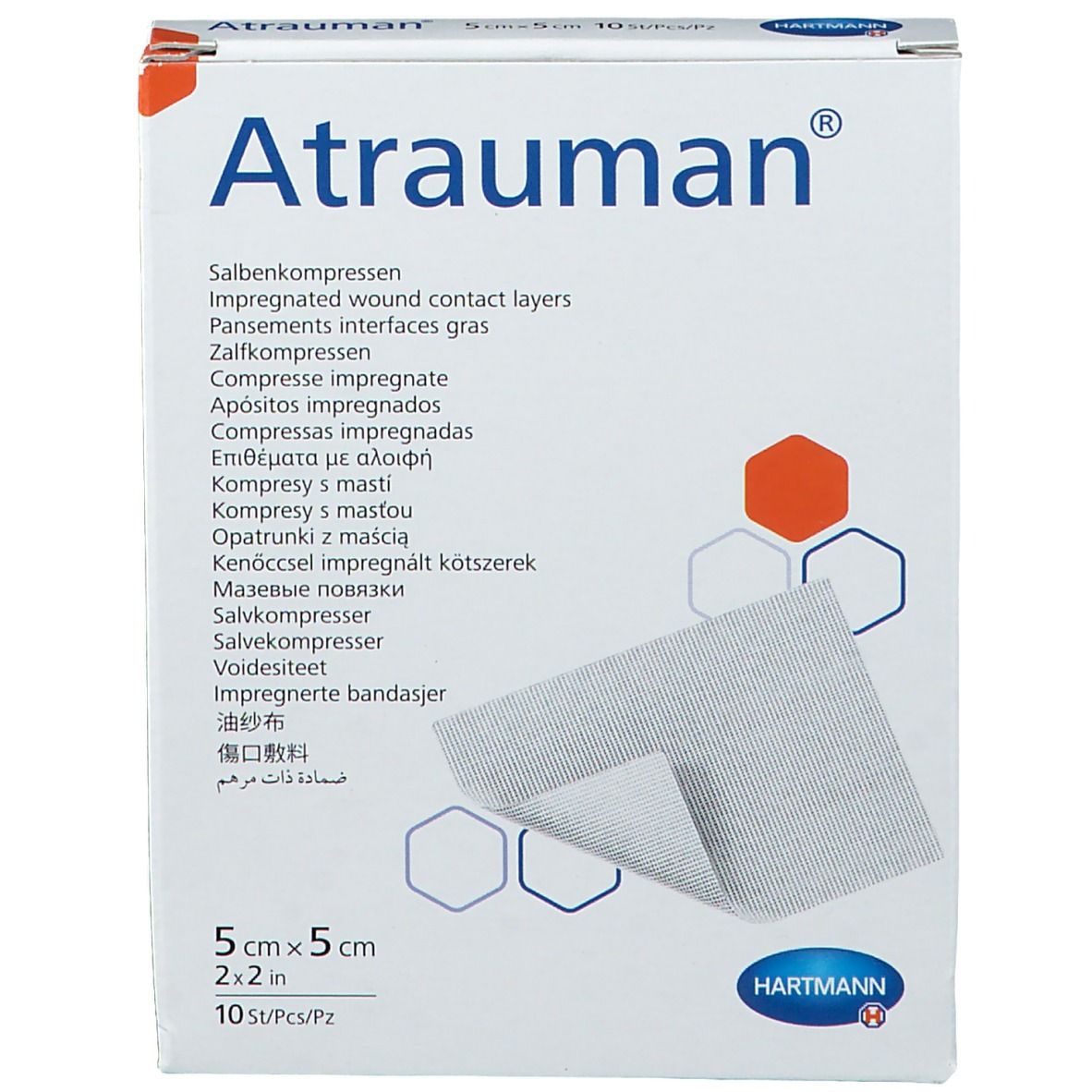 Boîte "Atrauman" avec compresses médicamenteuses. Nom du produit et dimensions. Logo Hartmann.
