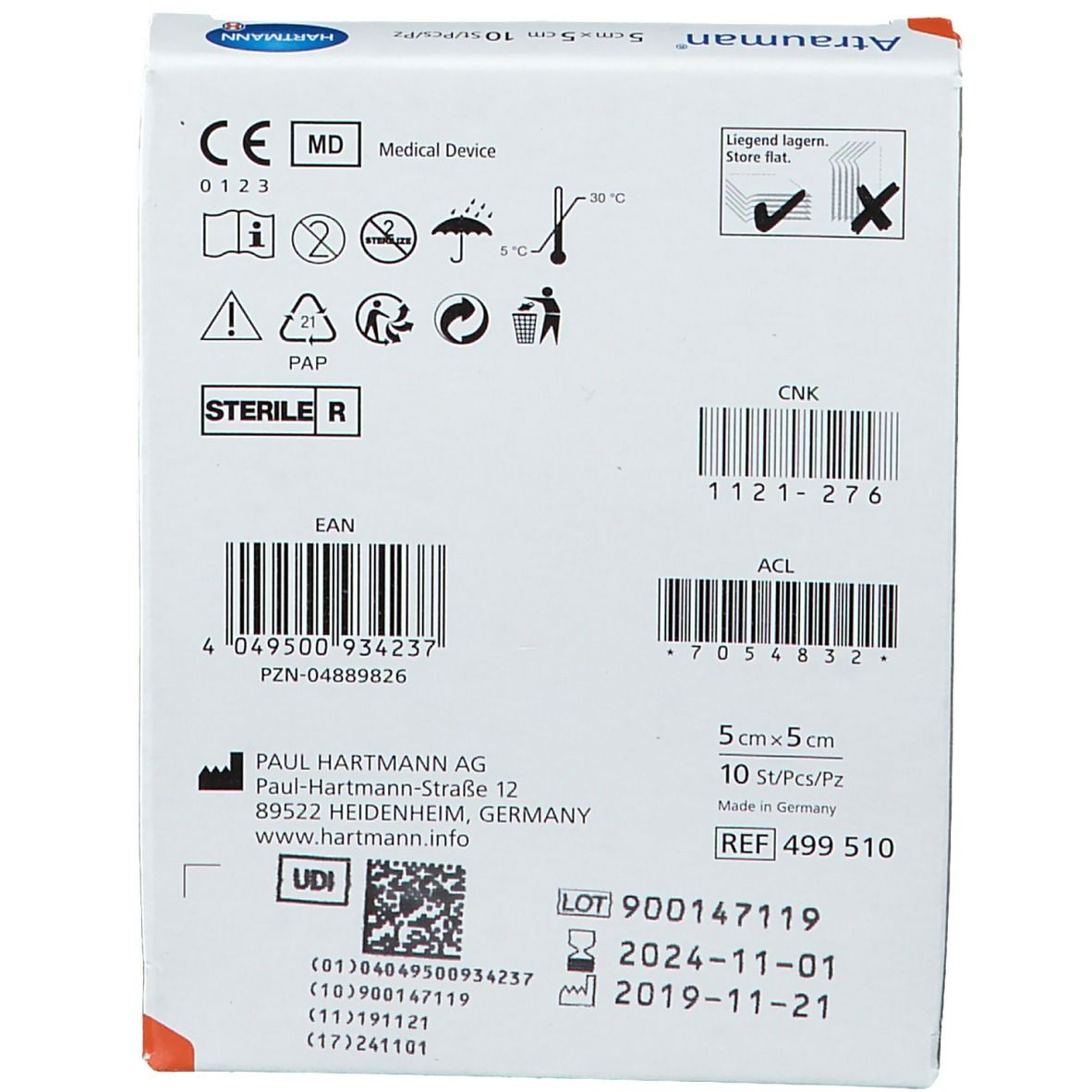 Dos de l'emballage "Atrauman". Marquage dispositif médical. Informations fabricant et numéro de lot.