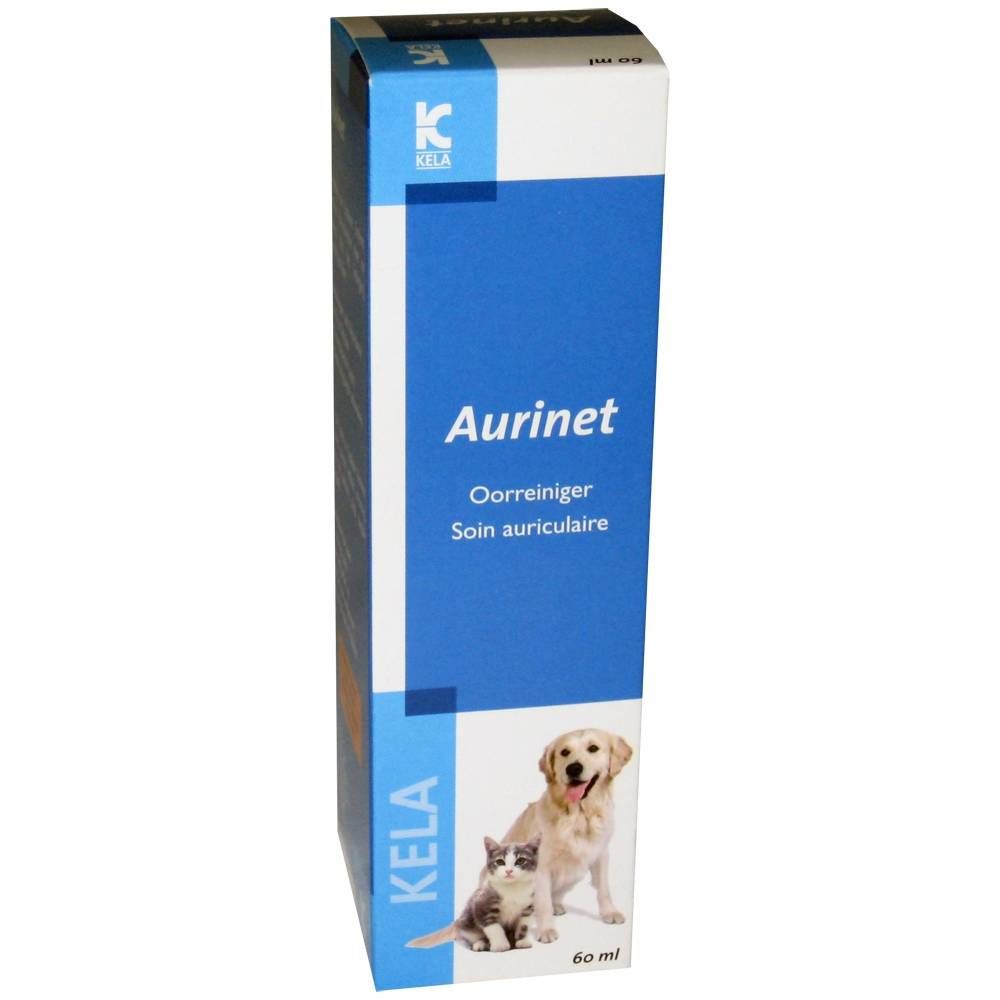 Boîte de produit Aurinet, textes en allemand, français et néerlandais. Illustration d'un chien et d'un chat.