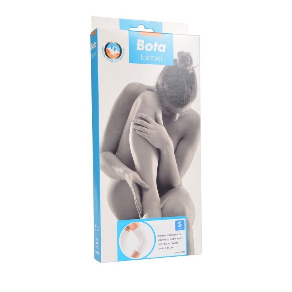 Boîte Botasol Coudière Blanc Small. Femme assise, coudière visible. Logo et nom du produit.