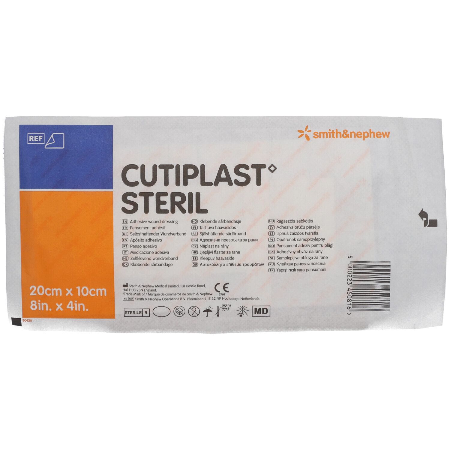 Emballage de Cutiplast Steril. Inscription: 20cm x 10cm, Smith & Nephew, stérile. Avec marquage CE.