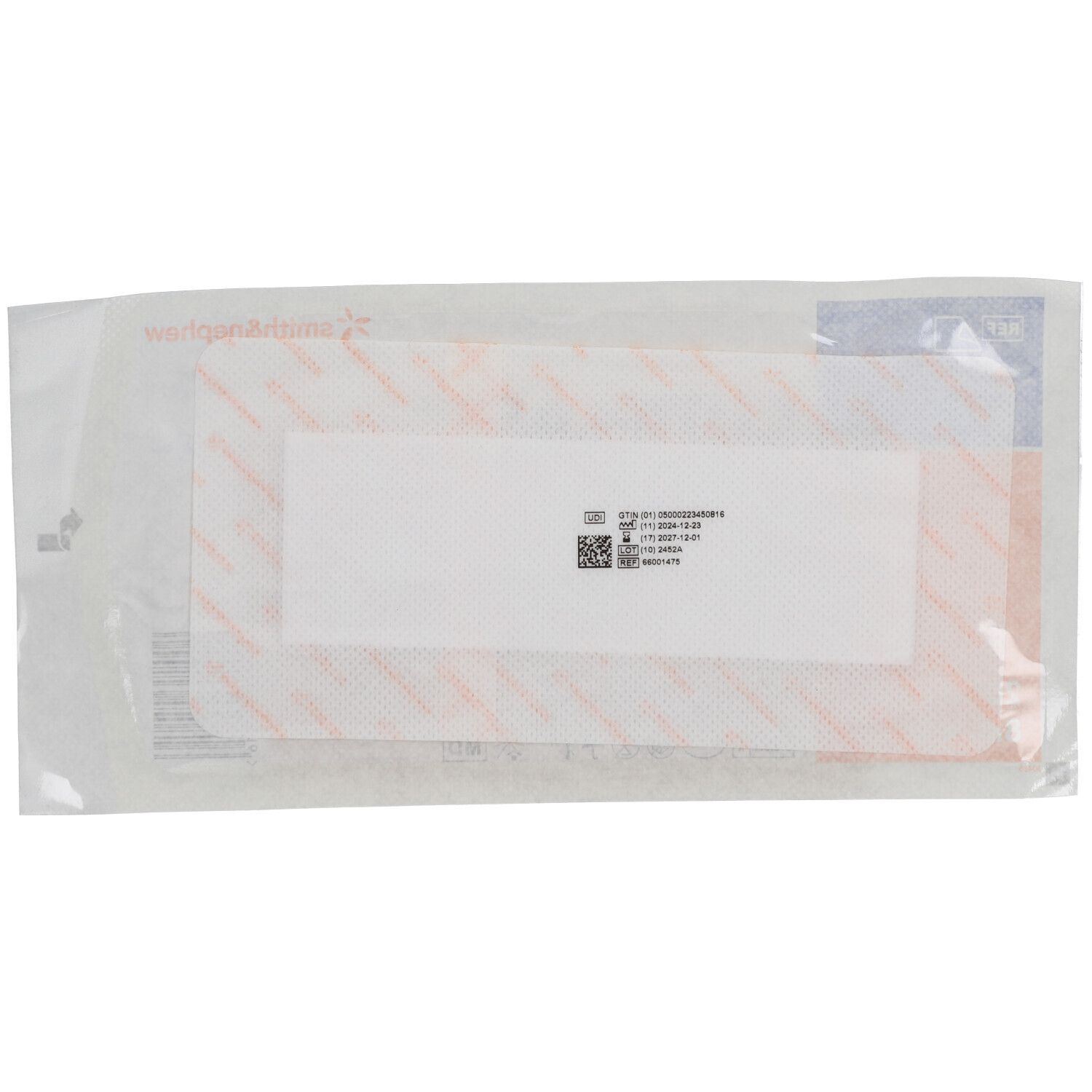 Emballage transparent avec pansement stérile. Impression avec code-barres et informations produit.