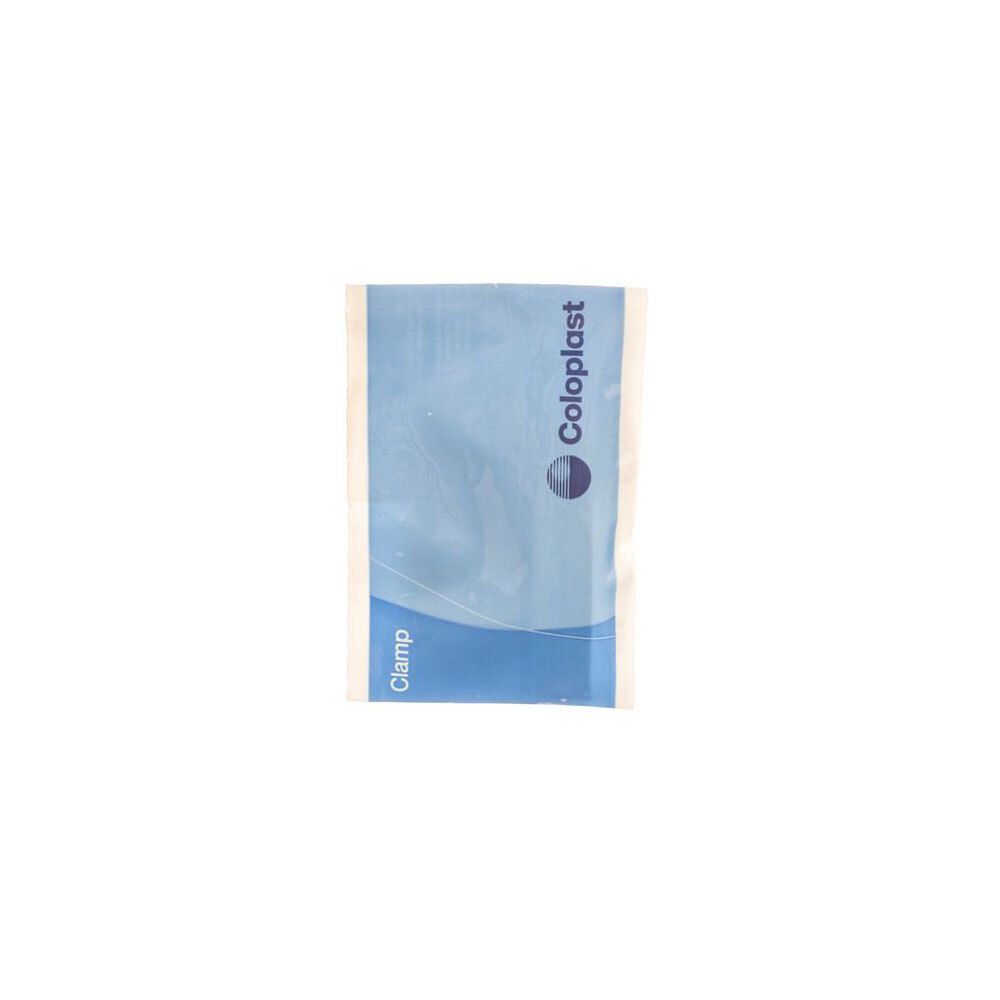 Emballage d'une pince Coloplast, bleu et blanc.