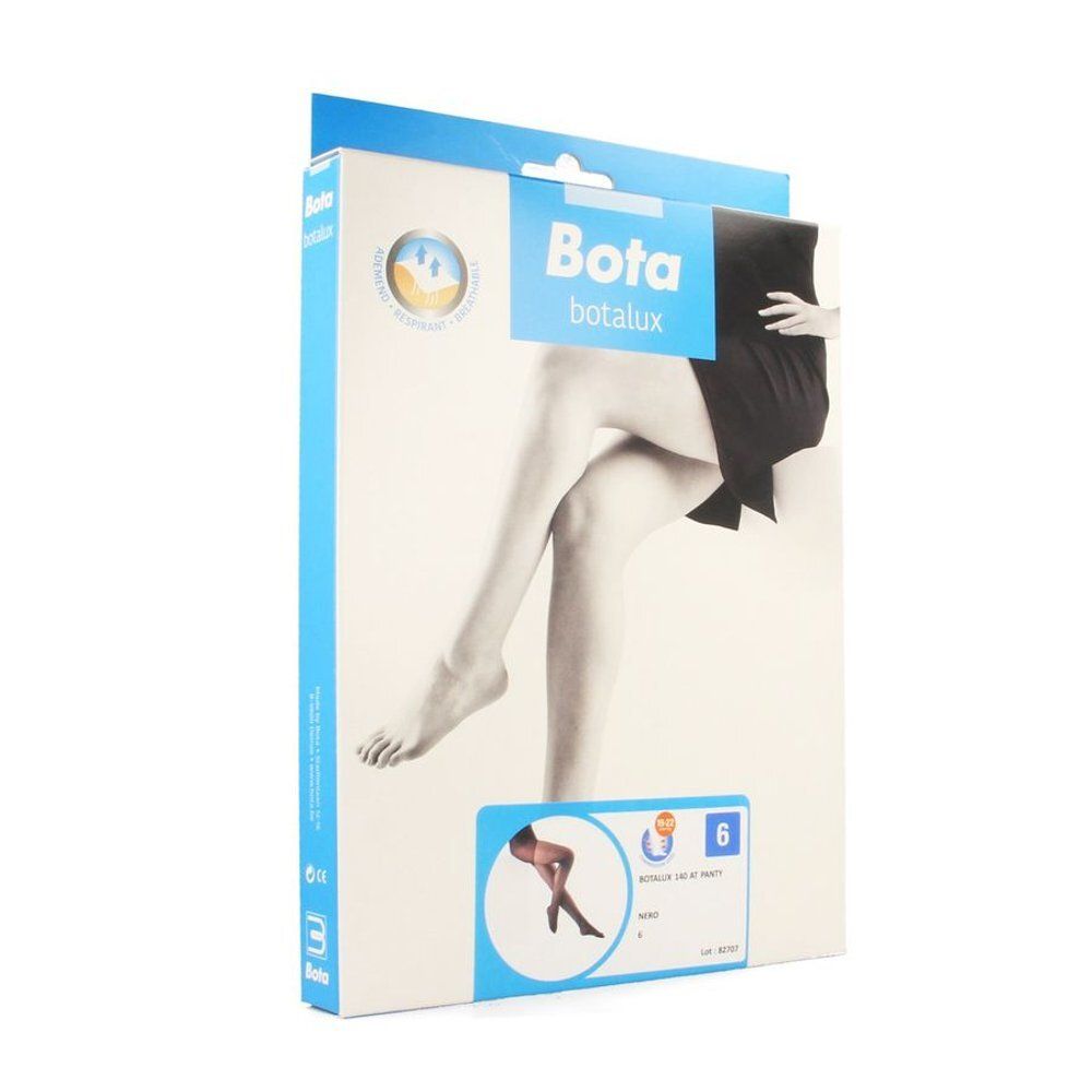 Emballage de Botalux 140 Panty Support Nero N6. Marque et nom du produit clairement visibles. Image d'une femme en collants.