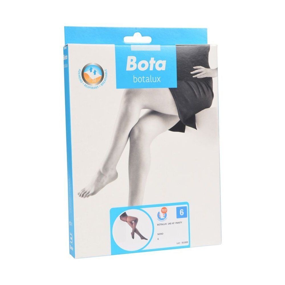Emballage de Botalux 140 Panty Support Nero N6. Marque et nom du produit clairement visibles. Image d'une femme en collants.