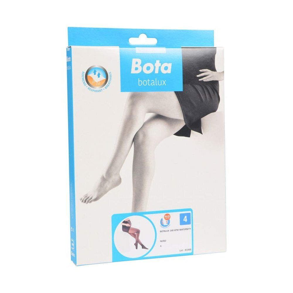 Collant Botalux 140 Maternity Nero N4, noir, avec ceinture de grossesse. Femme assise sur un socle blanc.
