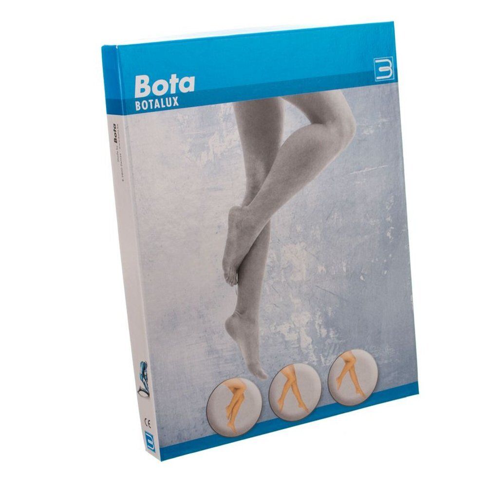Emballage pour les bas Botalux 140. Des jambes sont représentées sur l'emballage. Trois cercles montrent différentes vues des jambes.