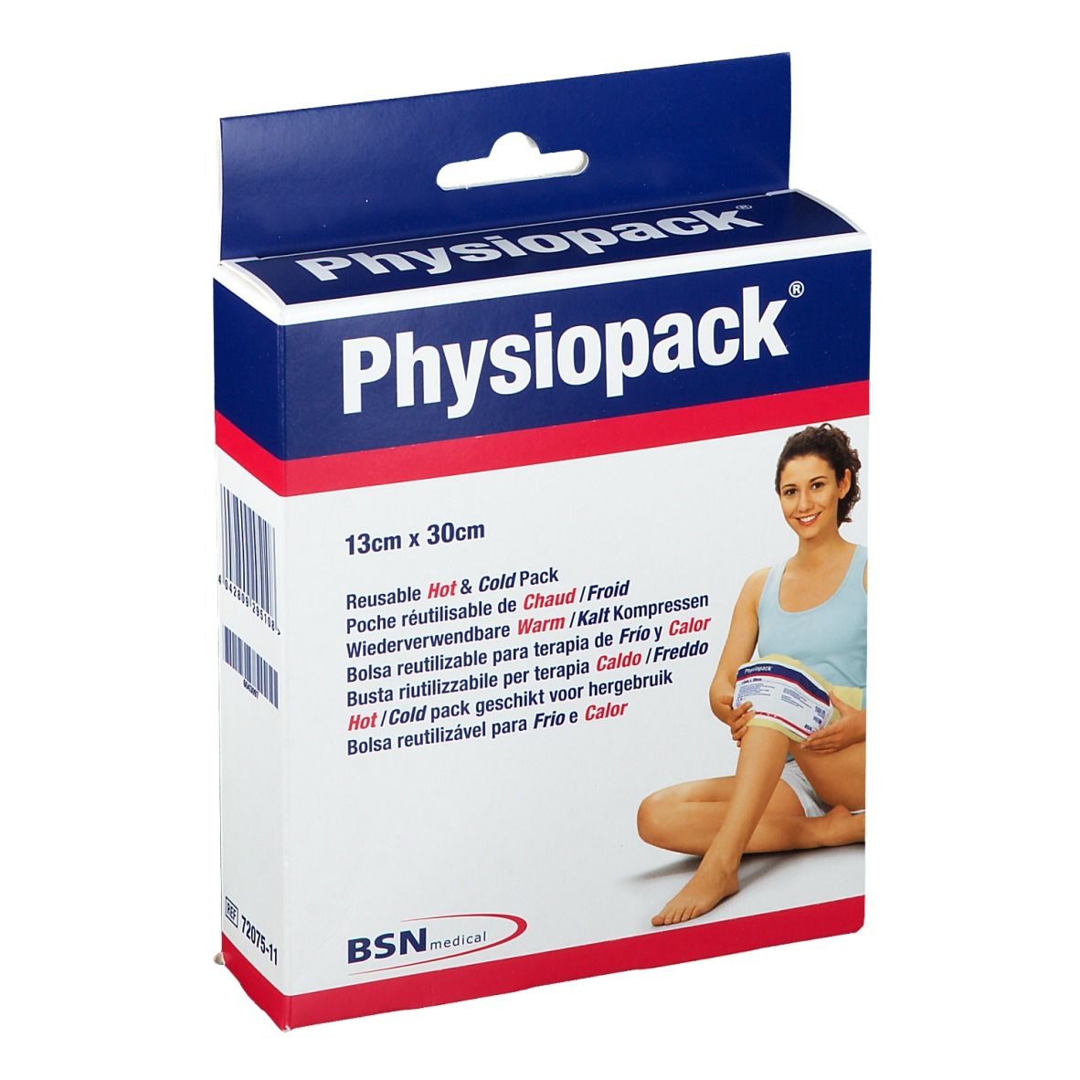 Emballage Physiopack 13 x 30 cm. Femme utilisant le produit sur sa jambe. Inscription: Hot & Cold Pack. Marque BSN medical.