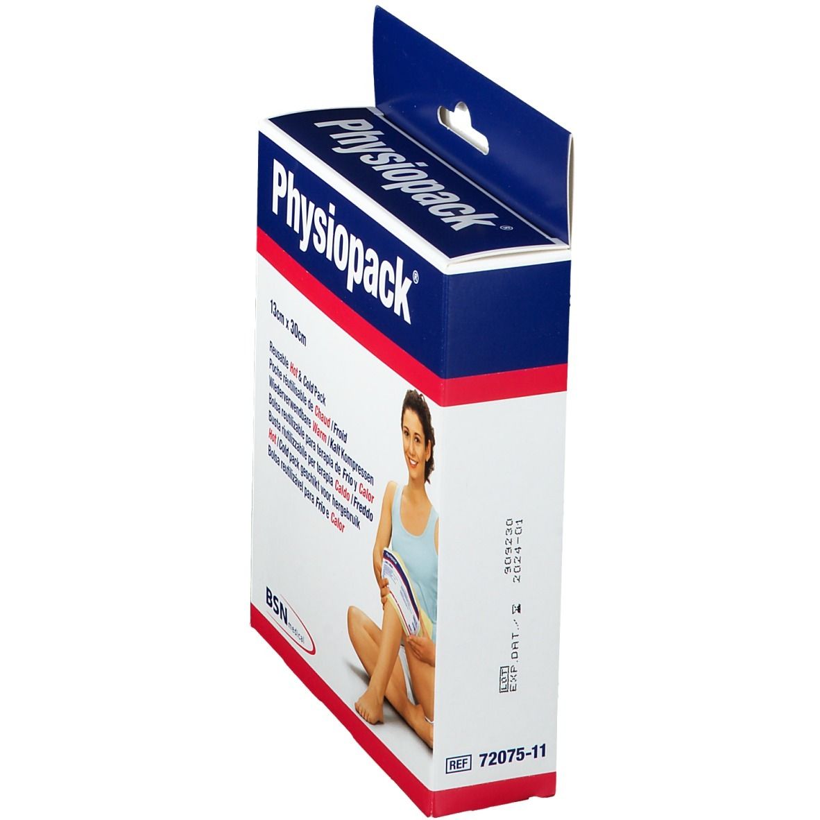 Vue latérale de l'emballage Physiopack 13 x 30 cm. Nom du produit et femme utilisant le produit. Marque BSN medical.