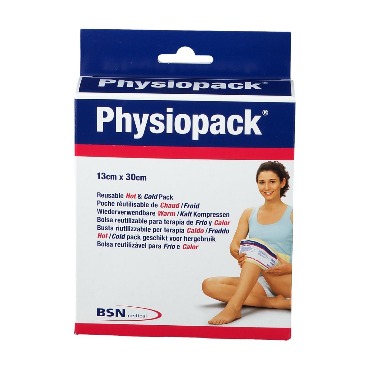 Emballage Physiopack 13 x 30 cm. Femme utilisant le produit sur sa jambe. Inscription: Hot & Cold Pack. Marque BSN medical.