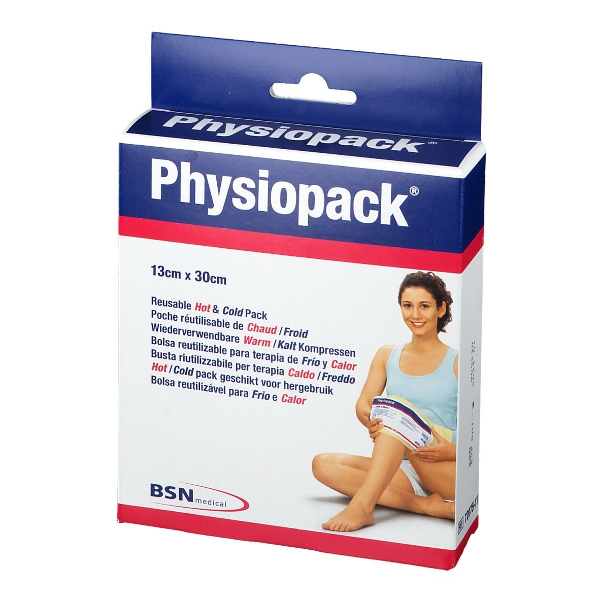 Emballage Physiopack 13 x 30 cm. Femme utilisant le produit sur sa jambe. Inscription: Hot & Cold Pack. Marque BSN medical.