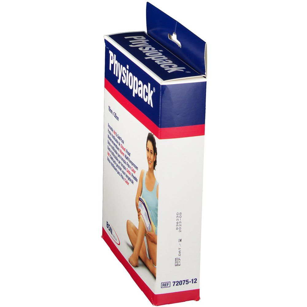 Vue latérale de l'emballage Physiopack. Texte multilingue. Référence 72075-12. Illustration d'une femme utilisant le produit.