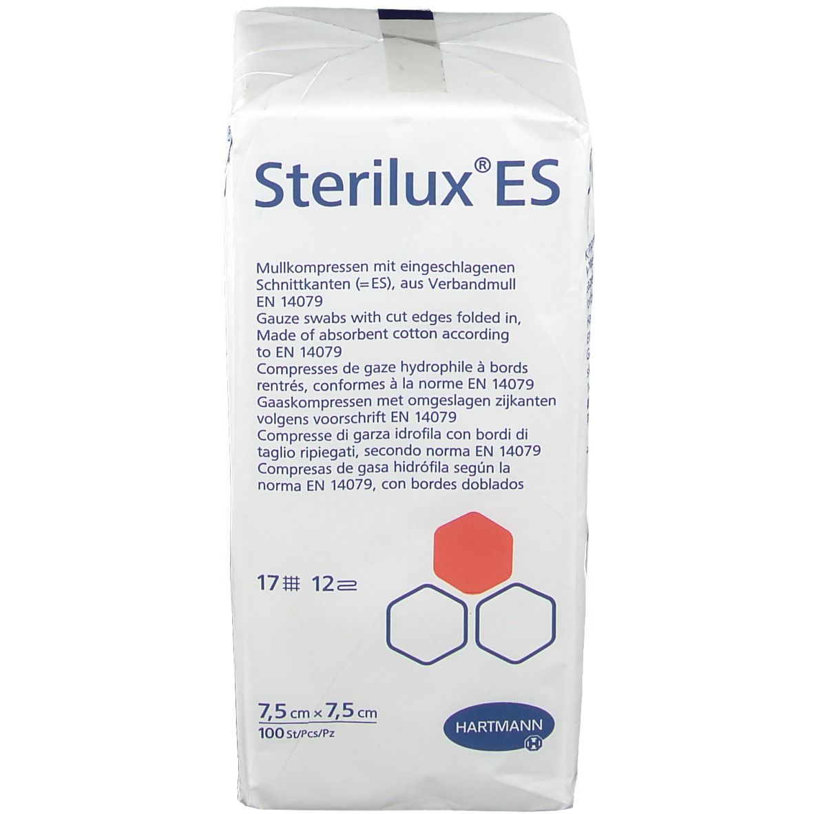 Emballage de compresses de gaze. Inscription : Sterilux ES, 7,5 x 7,5 cm, 100 pièces. Marque Hartmann.