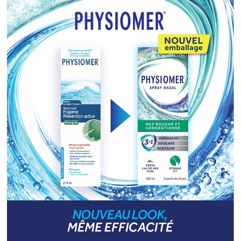 Boîte de PHYSIOMER® Strong Jet. Vagues bleues, nom du produit et texte. Flacon de 210 ml.