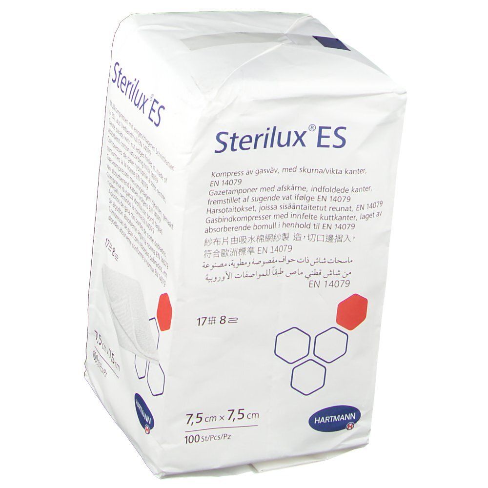 Emballage de compresses de gaze. Dimensions 7,5 x 7,5 cm. 100 pièces. Marque Sterilux ES.
