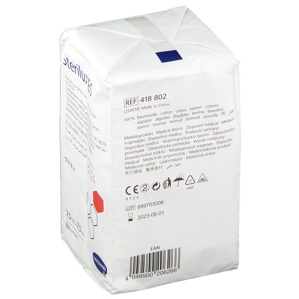 Emballage de compresses de gaze. Dimensions 7,5 x 7,5 cm. 100 pièces. Marque Sterilux ES.