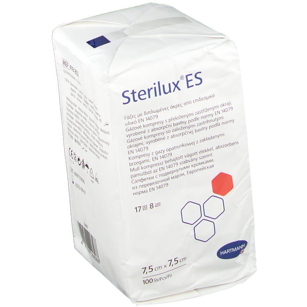 Emballage de compresses de gaze. Dimensions 7,5 x 7,5 cm. 100 pièces. Marque Sterilux ES.