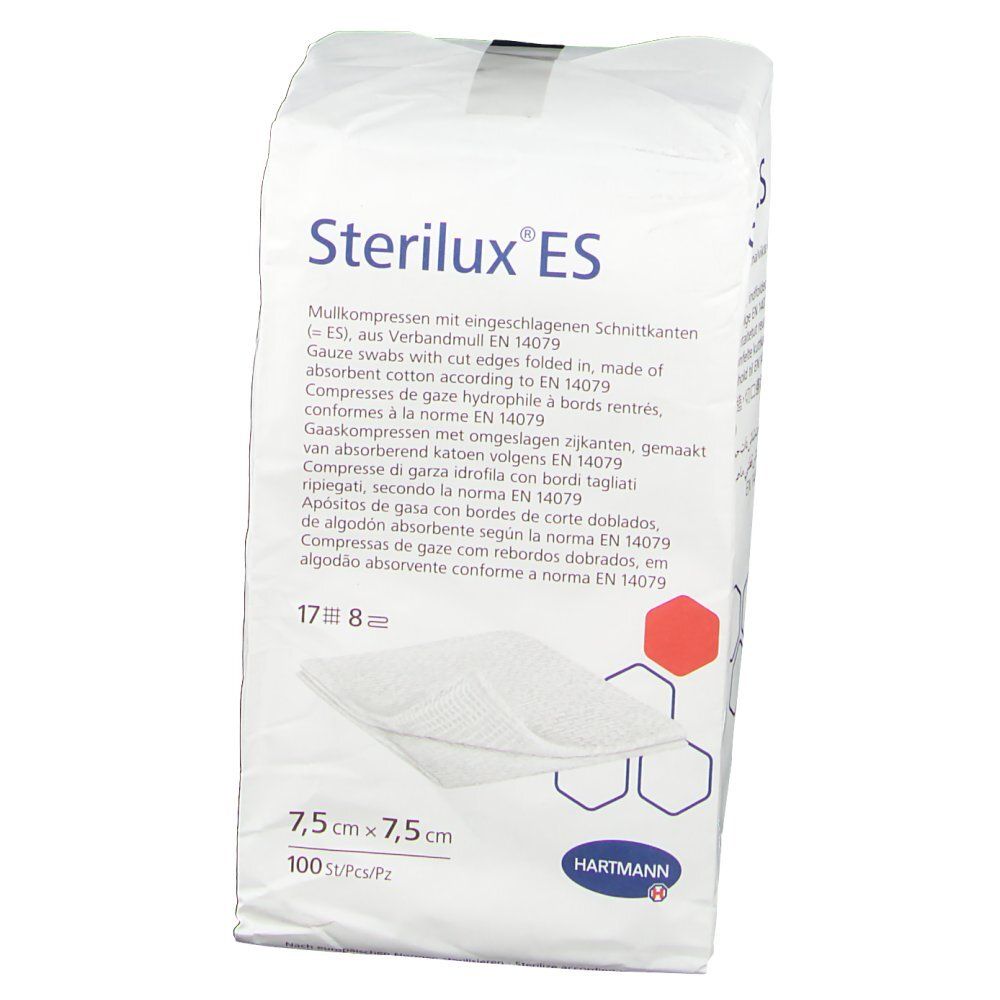Emballage de compresses de gaze. Dimensions 7,5 x 7,5 cm. 100 pièces. Marque Sterilux ES.