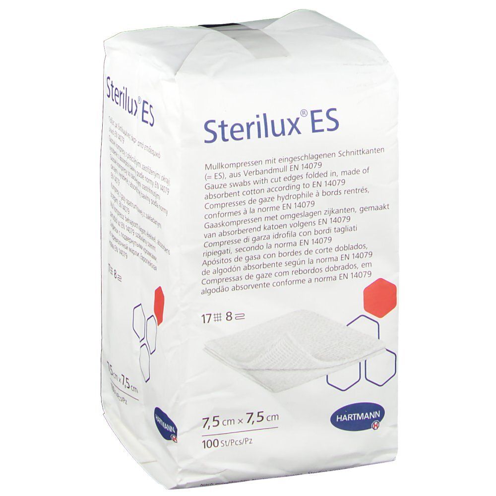 Emballage de compresses de gaze. Dimensions 7,5 x 7,5 cm. 100 pièces. Marque Sterilux ES.