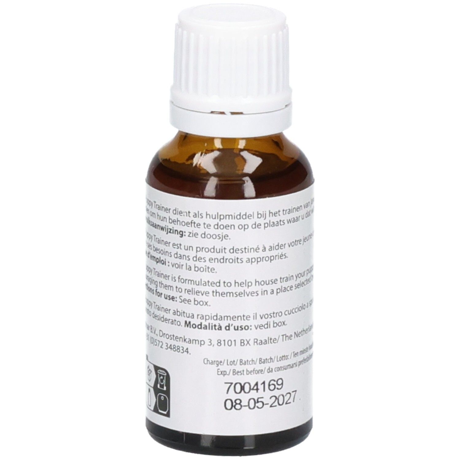Flacon en verre brun avec bouchon blanc. Étiquette avec nom du produit, texte et contenu : 20 ml.