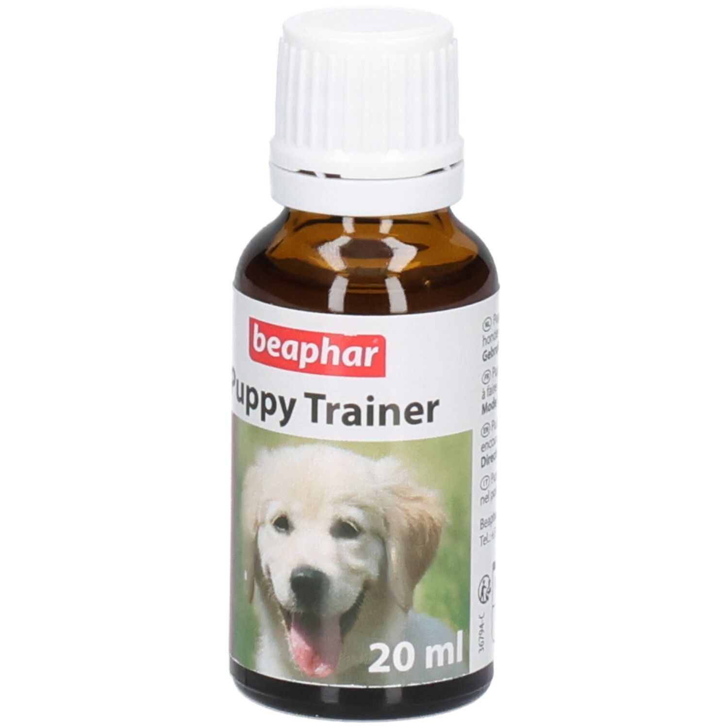 Flacon en verre brun avec bouchon blanc. Étiquette avec nom du produit et image de chiot. Marque : beaphar.